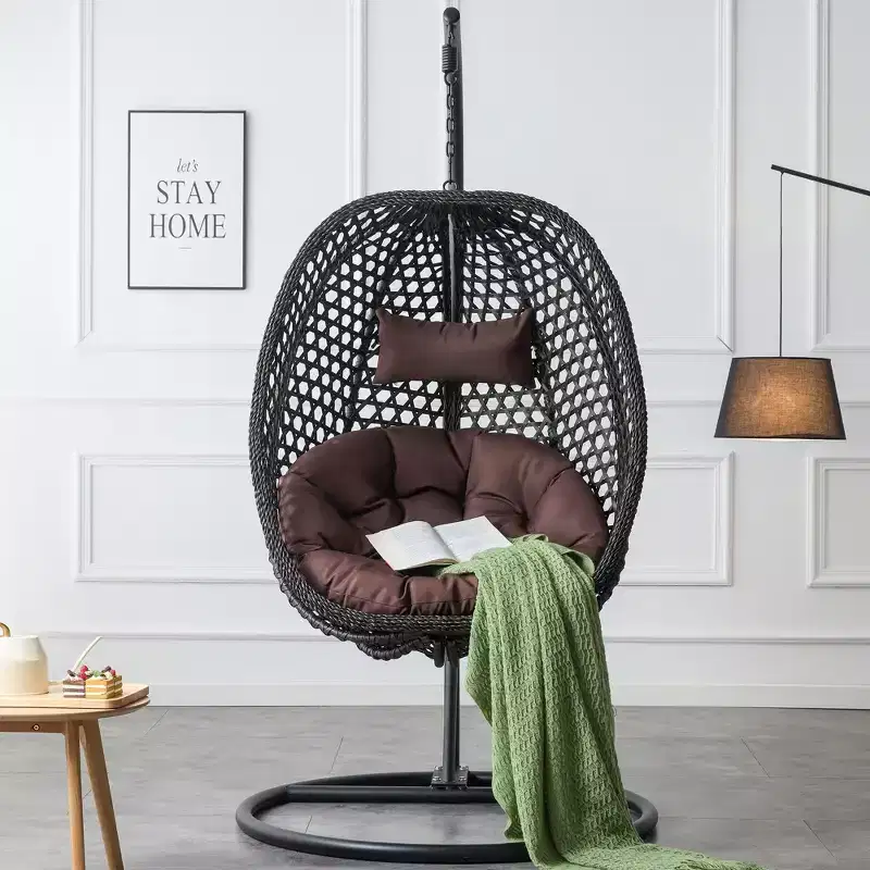 Swinging Chair Hammock Egg Chair Patio Wicker Swing Egg Hanging Chair With Stand, 350lbs Maximum Weight Capacity, Black