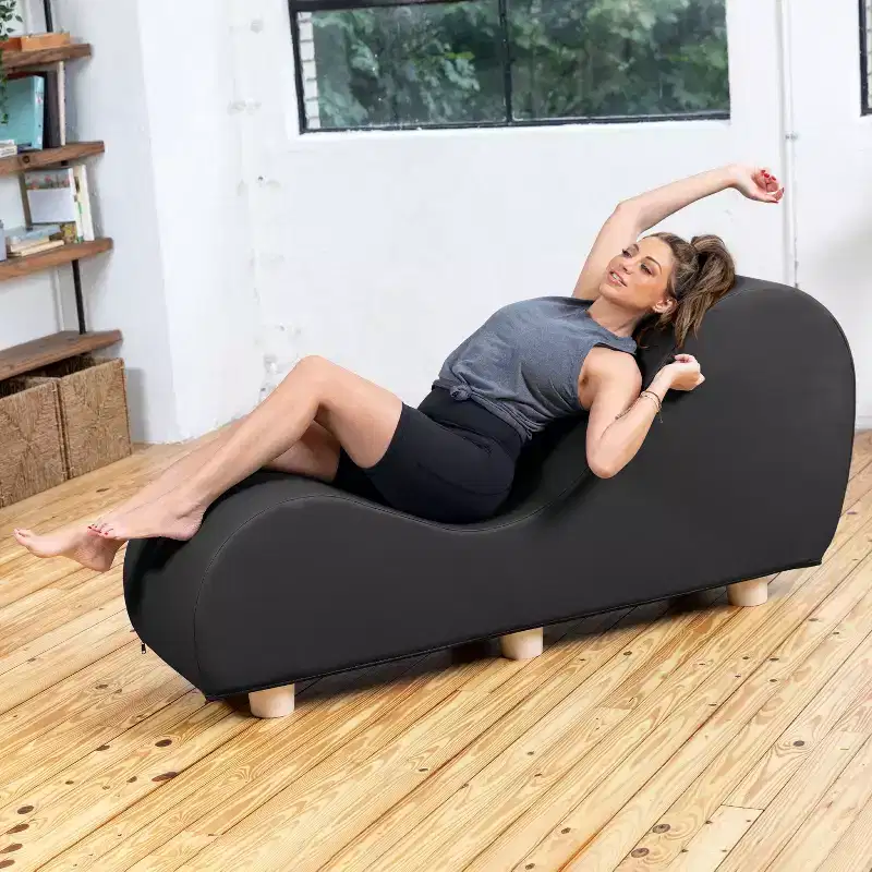 Avana Chaise Lounge Chair for Stretching and Relaxation, Hevea Wood Feet, Faux Leather - Submarine Grey