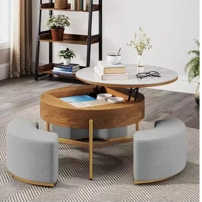 Round Lift Top Coffee Table with 3 Stools – Stone Top, Brown & White, Adjustable Height