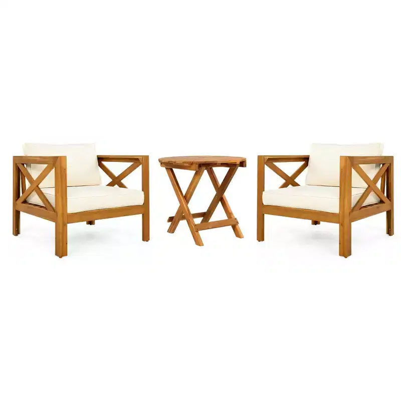 NAYSAYE Patio Chaise Lounges Outdoor Wood Conversation Set Two Seats with Cushions and Acacia Table for Patio, Beige and Teak, 28.7*27.9*24