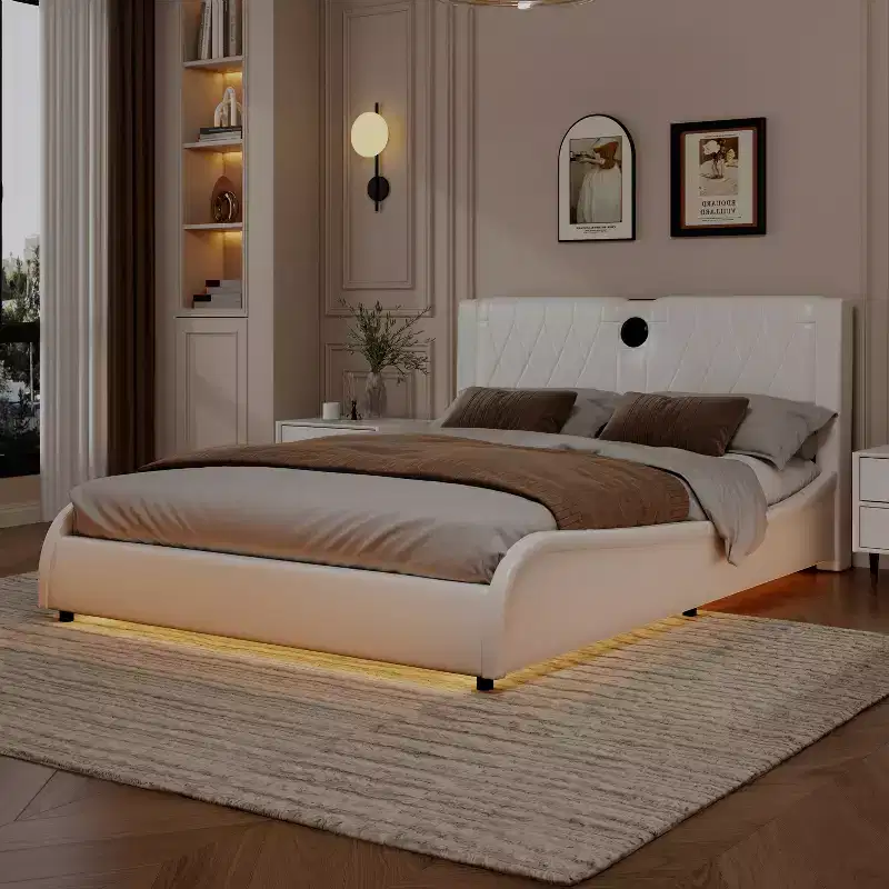 Modern Faux Leather Platform Bed with Bluetooth Speakers, RGB LED and Thickened Headboard