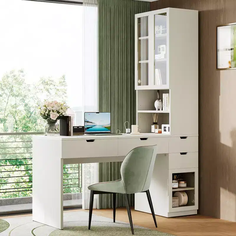 GDFStudio Teresa Modern Mirror Makeup Vanity Desk with 3 Drawers, Multiple Storage Compartments and Charging Station