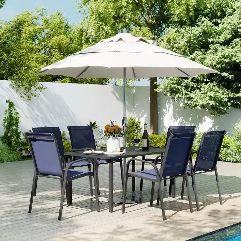 HAPPATIO Outdoor Patio Dining Set, Textilene Dining Chairs and Dining Table with Umbrella Hole, Stackable Chairs for Garden, Patio and Poolside