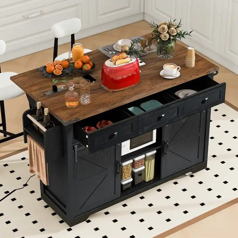 Farmhouse Kitchen Island with Power Outlet, Rolling Kitchen Cart with Drop Leaf