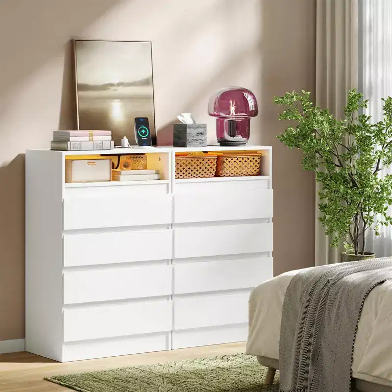 4 Drawer Dresse 2pcs Modern Chest of Drawers with Power Outlet, Organizer Cabinet for Bedroom, Living Room, Entryway, White
