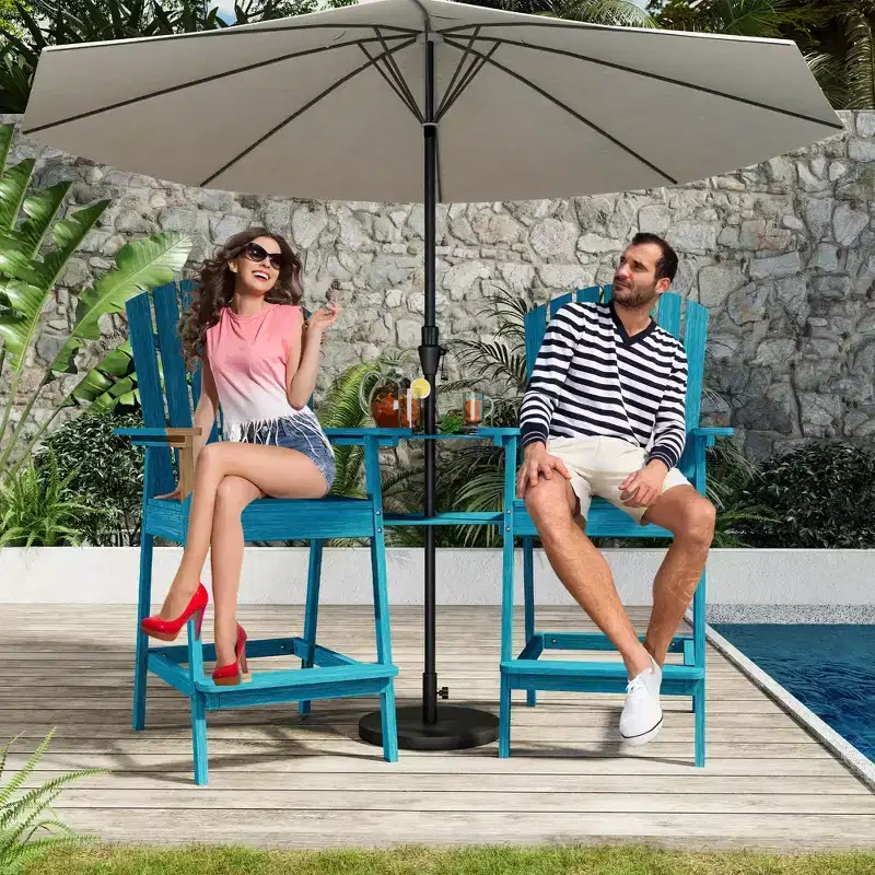 Patio Tall Adirondack Chairs, Outdoor Adirondack Barstools with Connecting Tray, Natural Wooden Bar Stool Chair with High Back for Deck, Balcony