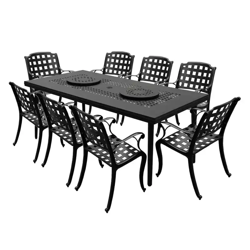 9pc Outdoor Dining Set with 84" Modern Ornate Mesh Aluminum Large Rectangular Table & Checker Chairs - Black - Oakland Living