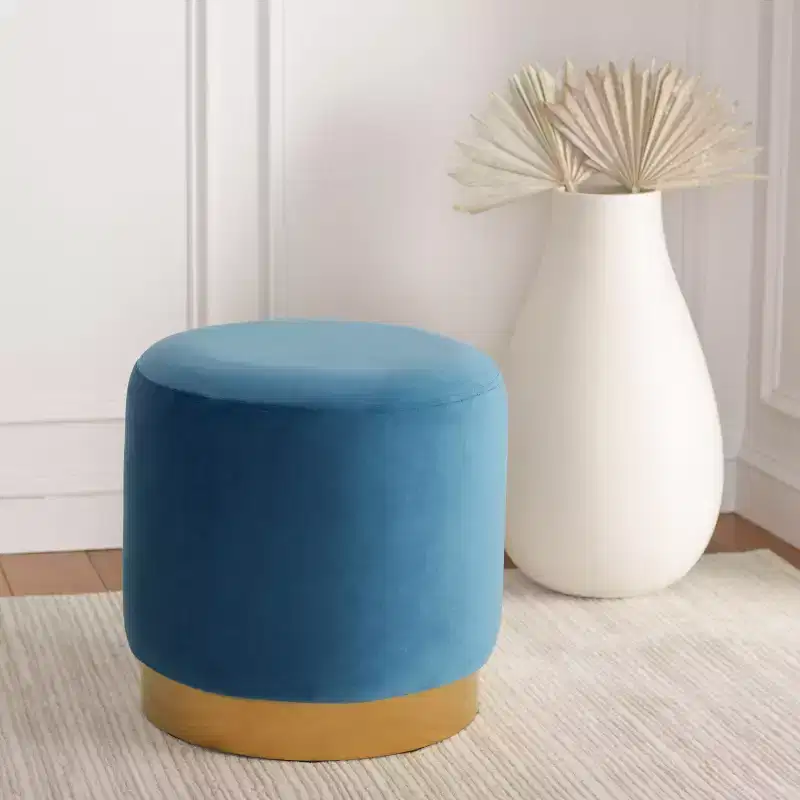 Round Velvet Ottoman, Seafoam/Gold