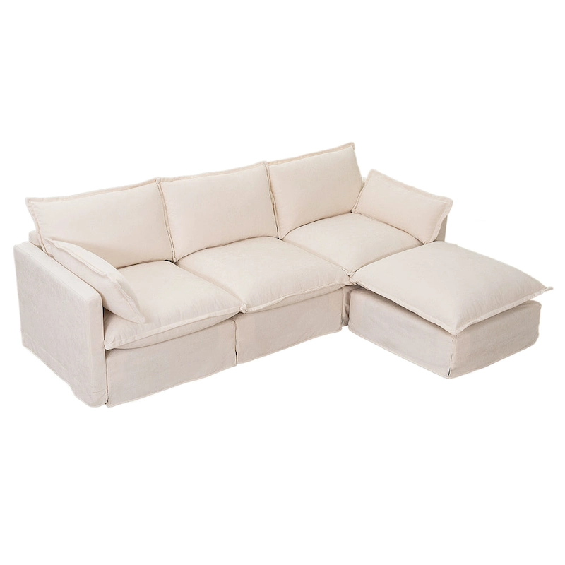 93.31 Faux Linen Modular Sectional Sofa with Ottoman, Wood Frame