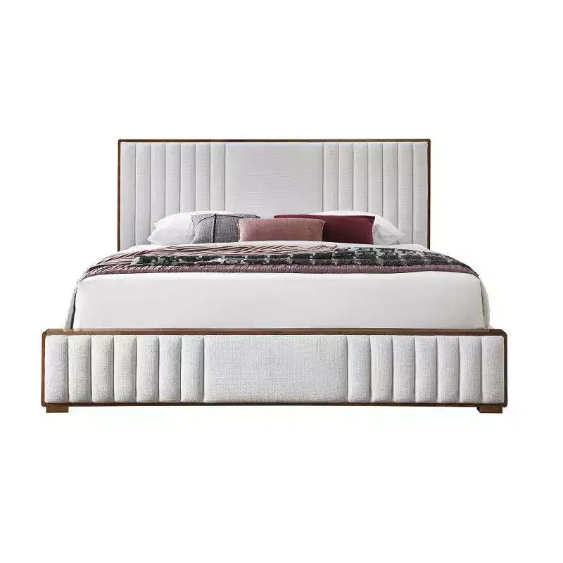 Eastern King Platform Bed, Beige Chenille Upholstery, Walnut Finish, Tufted Headboard