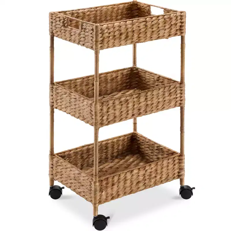 3-Tier Water Hyacinth Rolling Utility Cart with Weaved Baskets