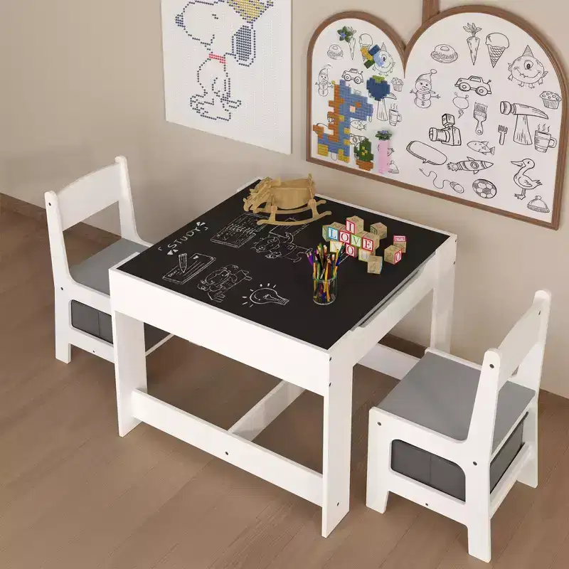 Etokfoks kids table and chair set white gray MDF 3 in 1 activity table with storage drawers for drawing reading crafts playroom