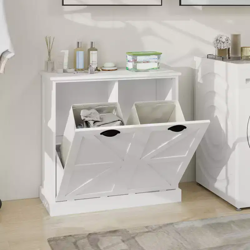 sumyeg Tilt-Out Laundry Hamper Cabinet with Two Sorting Compartments and Top Shelf Organizer