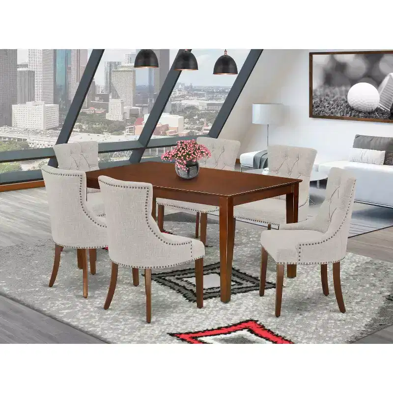 HomeStock 7-Piece Rectangle Mahogany Finish Solid Wood Top Dining Table with 6-Parson Chairs