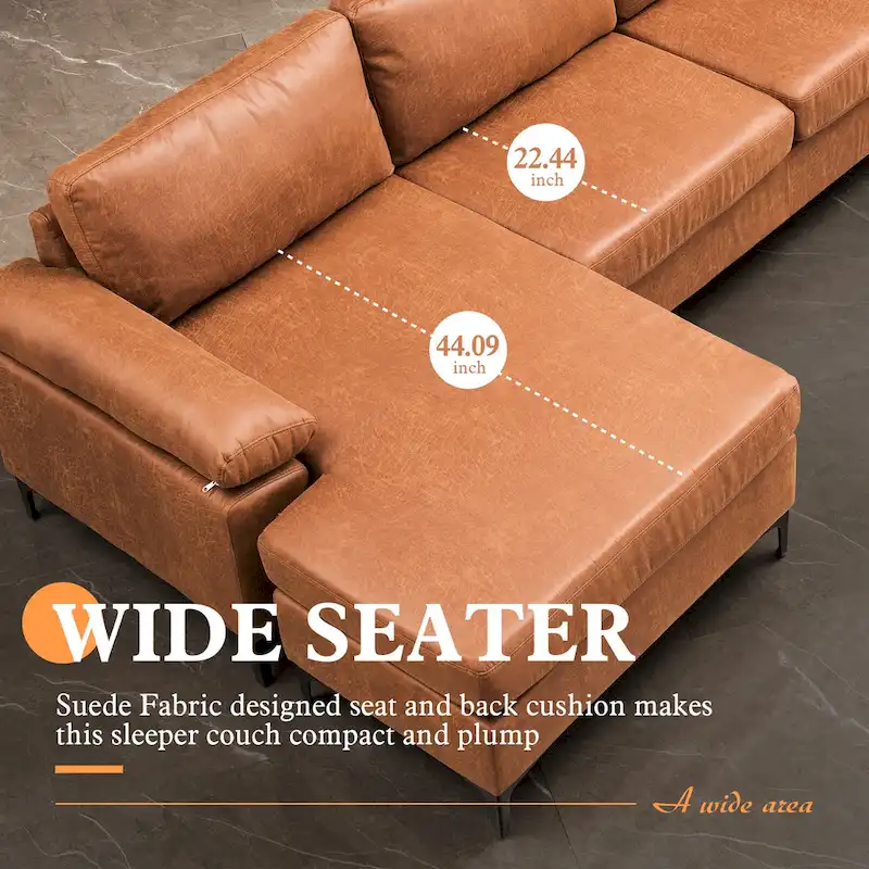 OVIOS Mid-Century Suede Reversible Chaise Sofa With Metal Legs