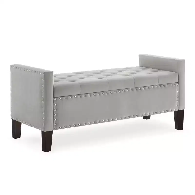 Upholstered Tufted Button Storage Bench with Nails Trim, Entryway Living Room Soft Padded Seat with Armrest, Gray