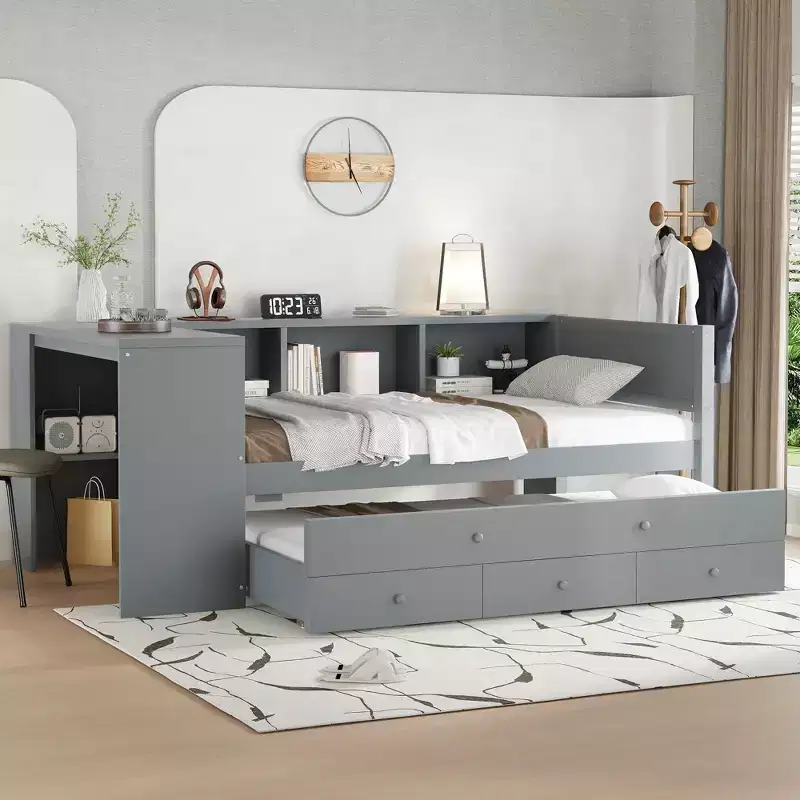 Twin/Full Size Daybed with Trundle, Wood Bed Frame with Desk, Storage Drawers & Shelves, No Box Spring Needed - ModernLuxe
