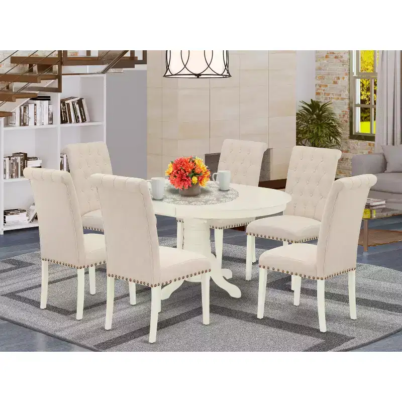 HomeStock 7 Piece Kitchen Table Set Linen White Parson Chairs