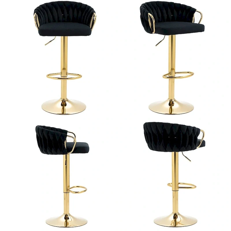 Set of 4 Bar Stool Adjustable Height Swivel Velvet Woven