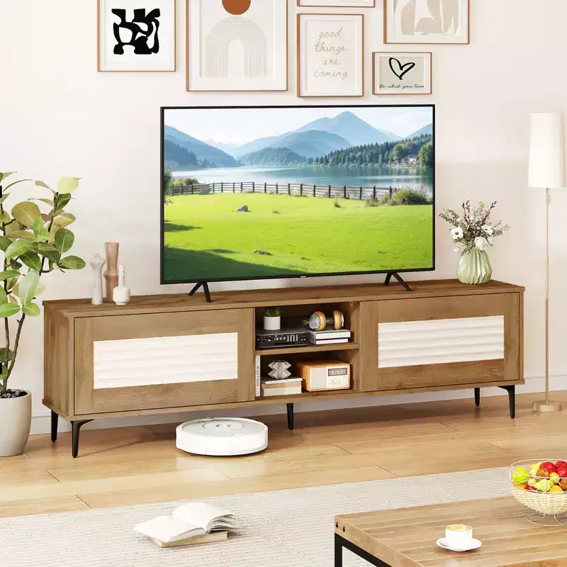 TV Stand w/2 Storage Cabinets & Open Shelves, Cable Hole for TVs up to 70''