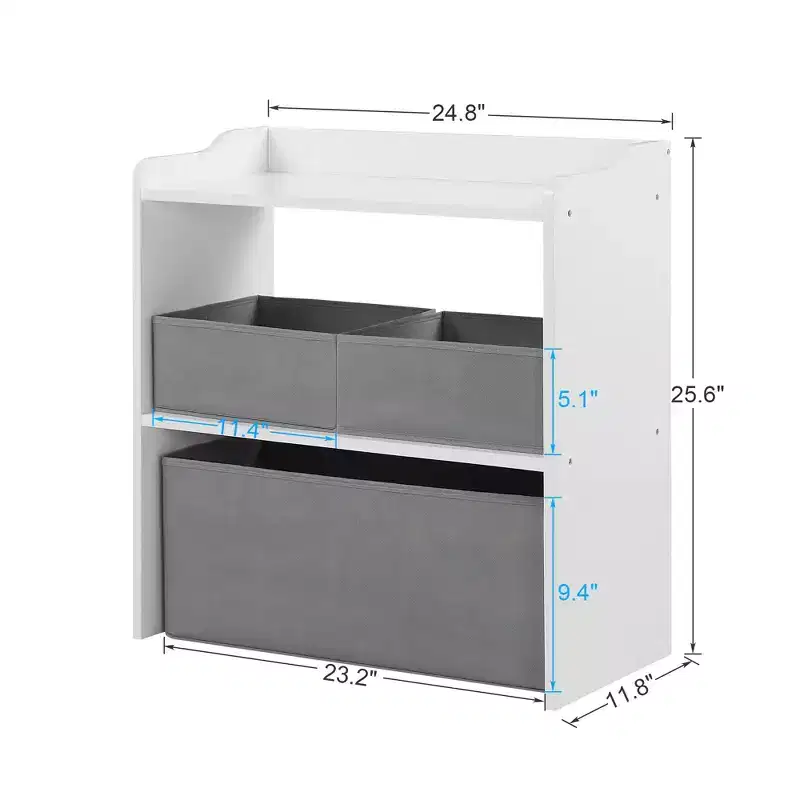 VECELO Toy Organizer with 3 Gray Fabric Bins, Kids Storage Shelf, Easy Assembly, White