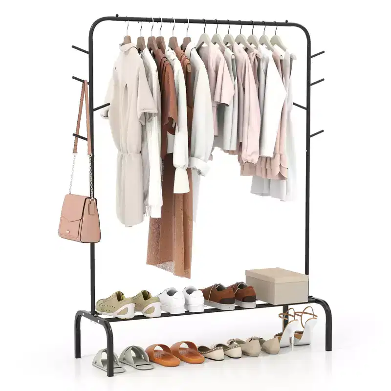 50-Inch Wide Metal Garment Wardrobe Rack with 8 Hooks & Storage Shelf for Laundry