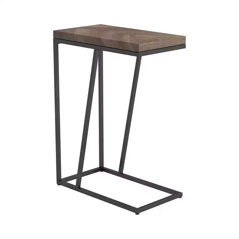 Rustic Tobacco Herringbone Sandy Black Accent Table, Modern Rustic Industrial Metal Legs Living Room Coffee Table