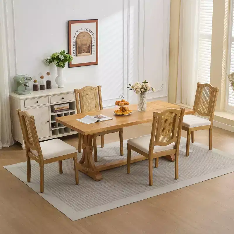 TUYOHW King Louis Chairs Set of 2,Rattan Back French Decor Side Chairs with Solid Rubberwood Legs,Soft Linen Upholstery,300lbs Capacity