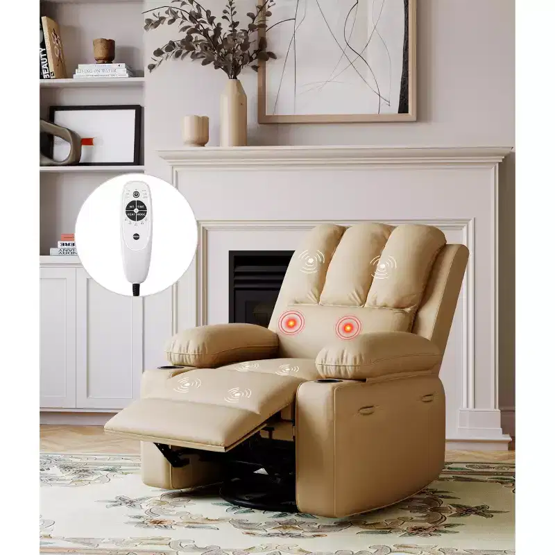 Oversized Padded Swivel Rocking Recliner Chair with Heat and Massage  Comfy Faux Leather Swivel Rocker Reclining Single Sofa for Adults