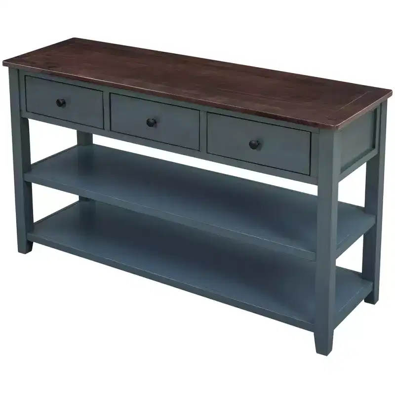 Retro Design Console Table with Two Open Shelves, Pine Solid Wood Frame and Legs for Living Room(Navy)