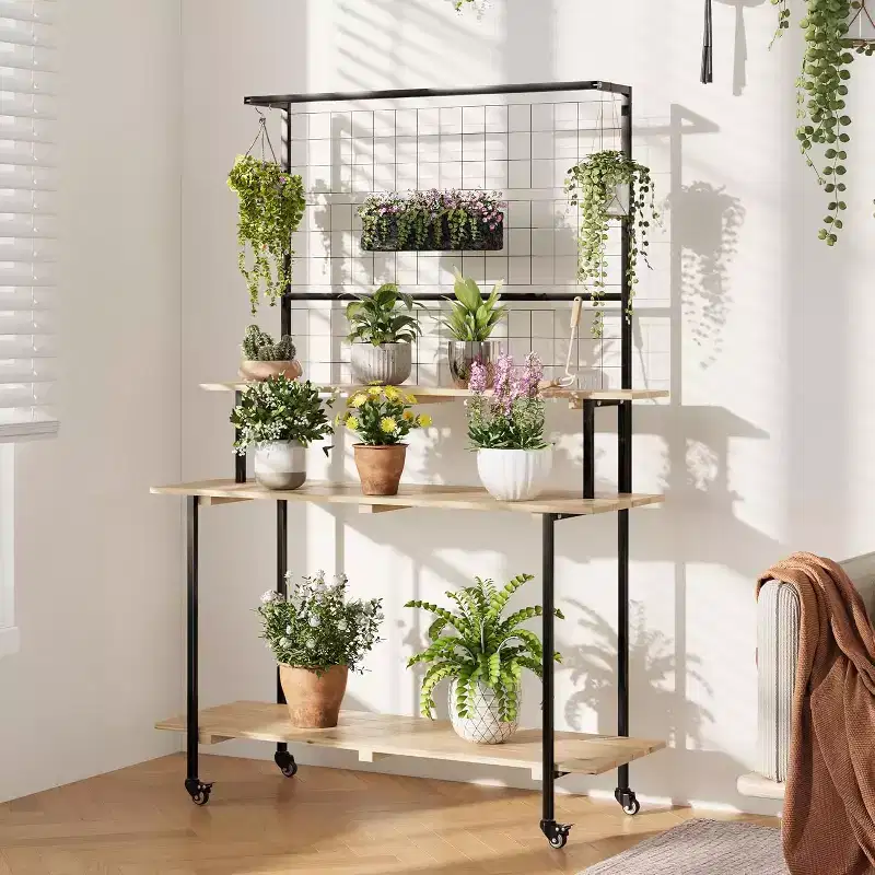 Grid Wall Plant Stand 3-Tier,Heavy Duty Metal Grid Display with Adjustable Shelves & Hooks, Multi-Purpose Indoor Outdoor Plant Shelf for Garden,Home