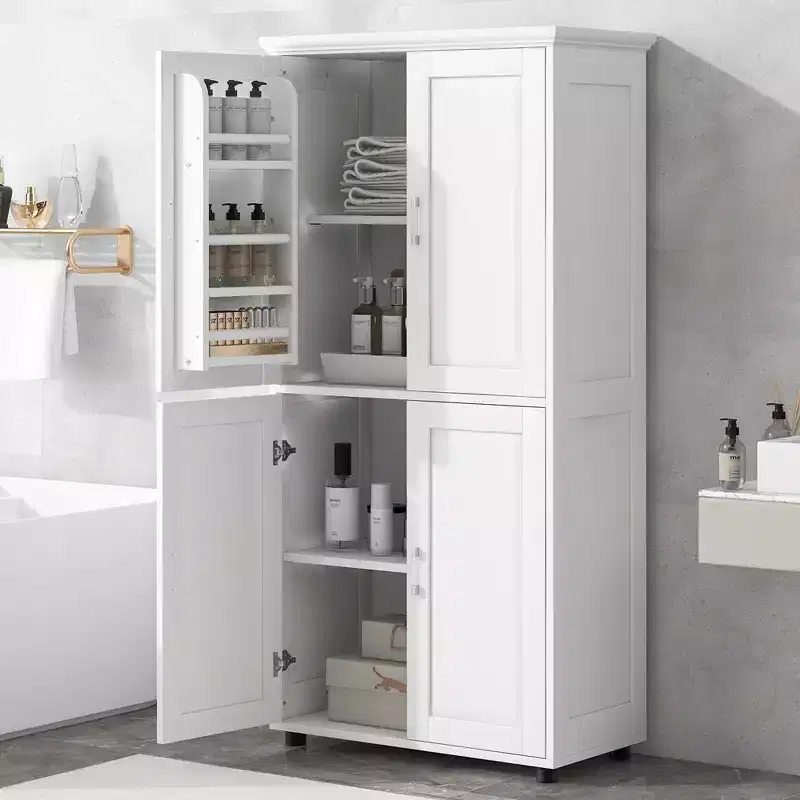 Tall Bathroom Storage Cabinet, 4-Door Freestanding Floor Cabinet with Adjustable Shelves, 62