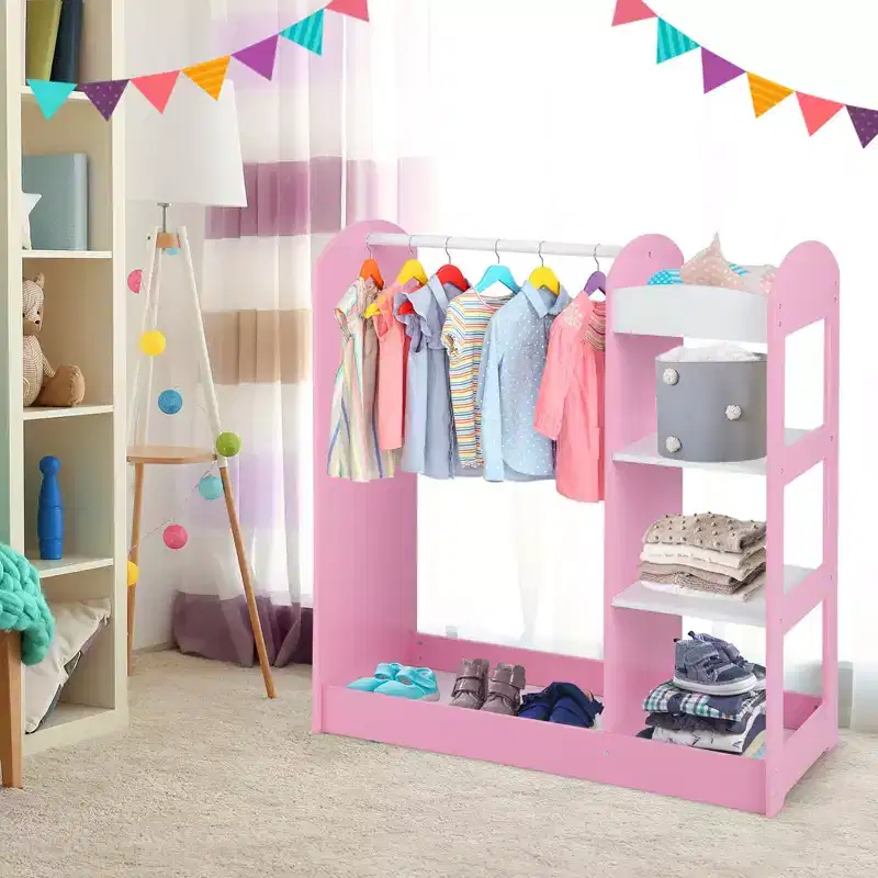 Kids Dress up Storage Hanging Armoire Dresser Costume Closet w/ Mirror Shelves