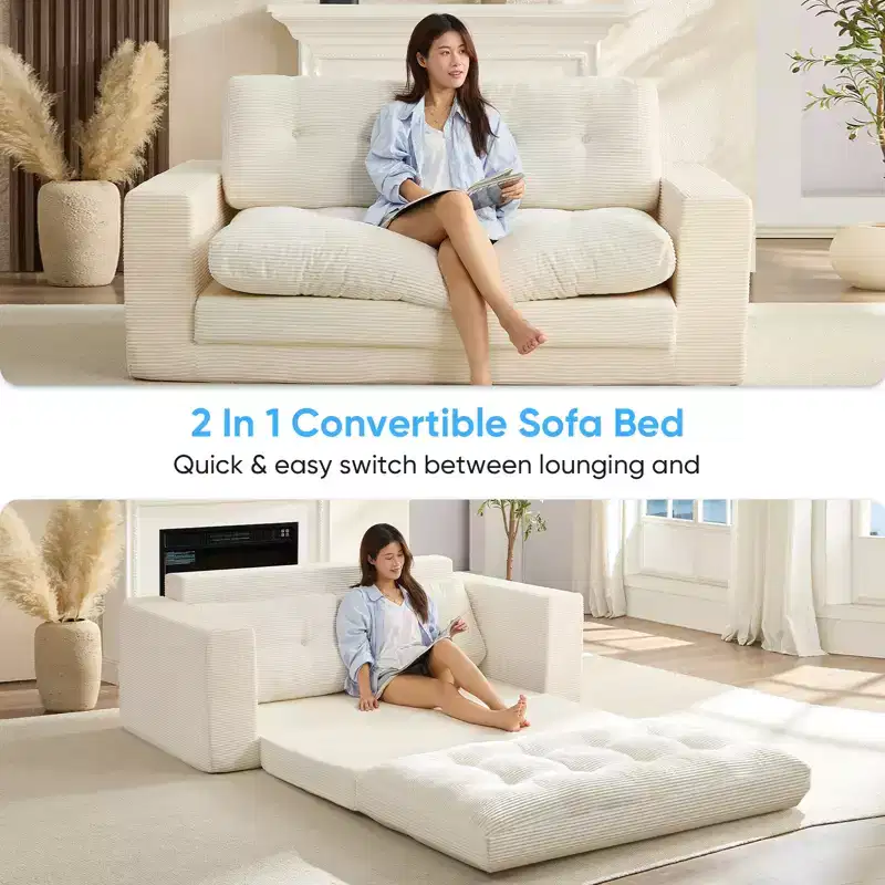 Mjkone 71'' 2-in-1 Convertible Futon Sofa Bed, Corded Fabric Foldable Tufted Buttons Loveseat Sleeper Sofa,Space-Saving