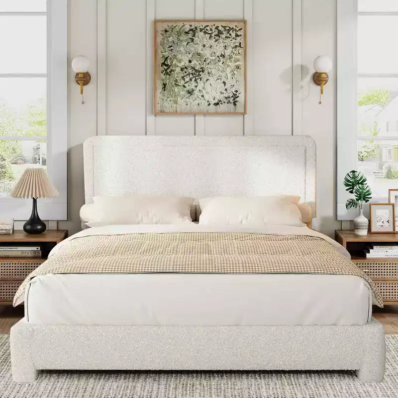 Dyonery Boucle Bed Frame,Upholstered Teddy Fabric Bed Frame, Soft Rounded Corners, Adjustable Headboard, Easy Assembly