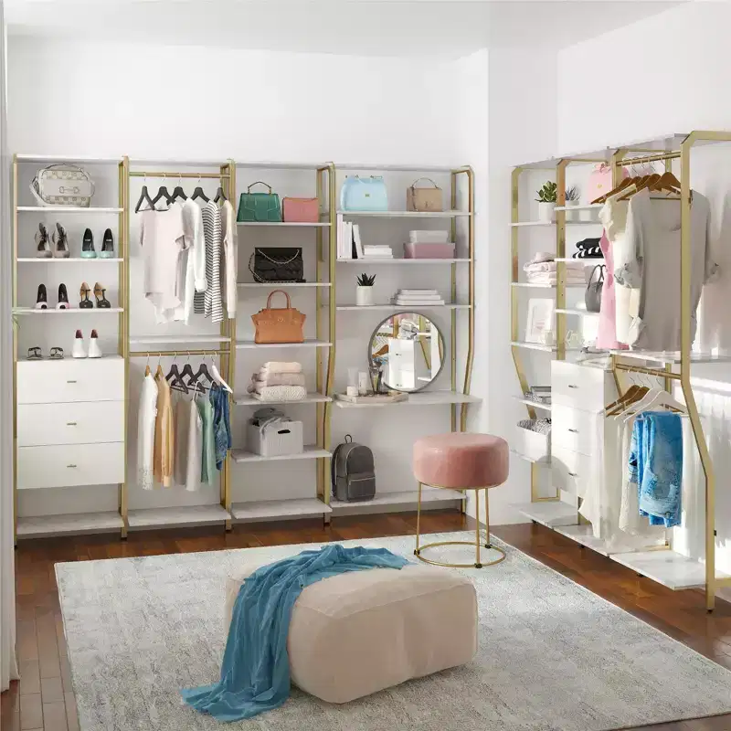 Closet Organizer with Hanging Rods, White Faux Marble & Golden Bronze Finish