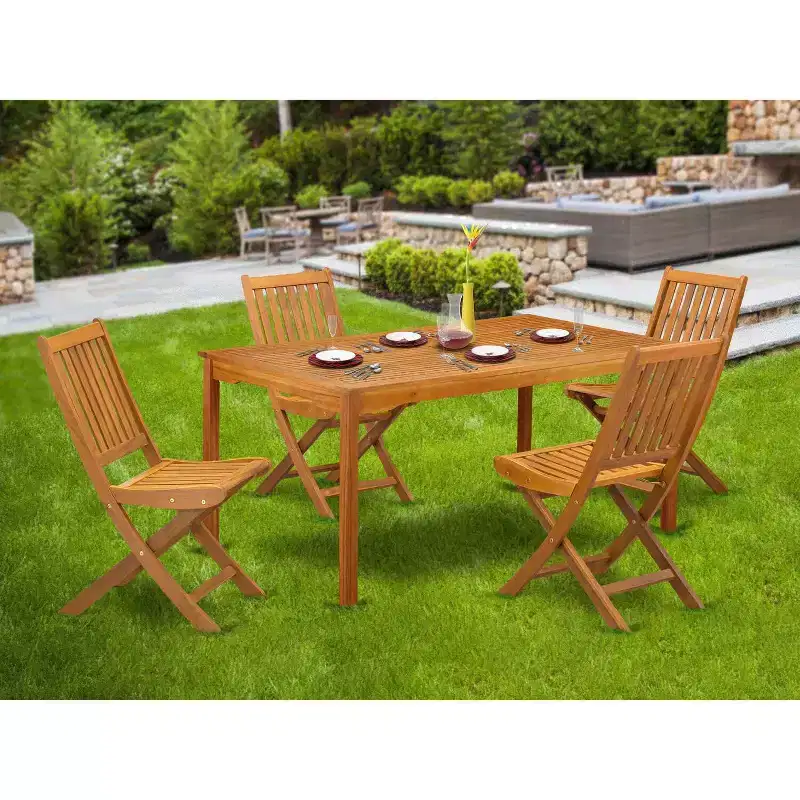 HomeStock 5-Piece Rectangle Natural Oak Finish Solid Wood Top Dining table with 4-Chairs with Slat Back