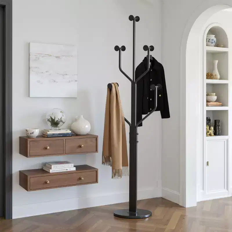 Bekrvio Metal Freestanding Coat Rack with 10 Hooks and Sturdy Marble Round Base, Heavy-Duty Hall Tree for Hats & Bags, Entryway Storage Stand
