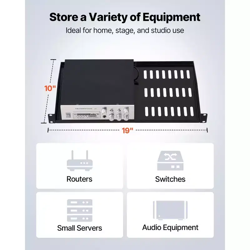 1U Server Rack Shelf, 4 PCS, 50 lbs Vented Cantilever, Wall Mount or Rack Mount Shelf with Tray, 10 in Depth, Black