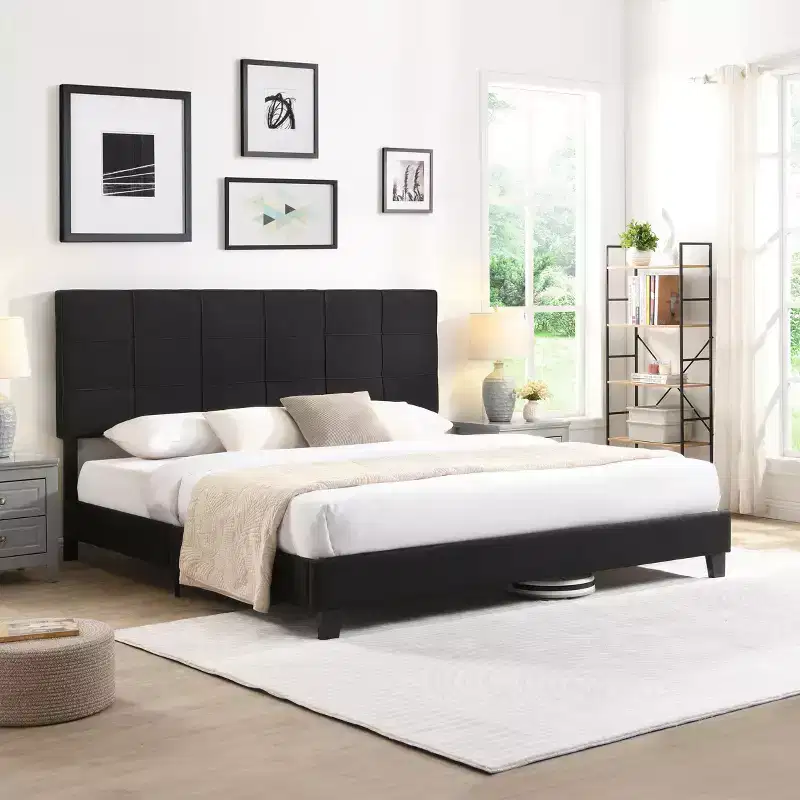 King Upholstered Platform Bed with Linen Headboard, Sturdy Support, No Box Spring Needed