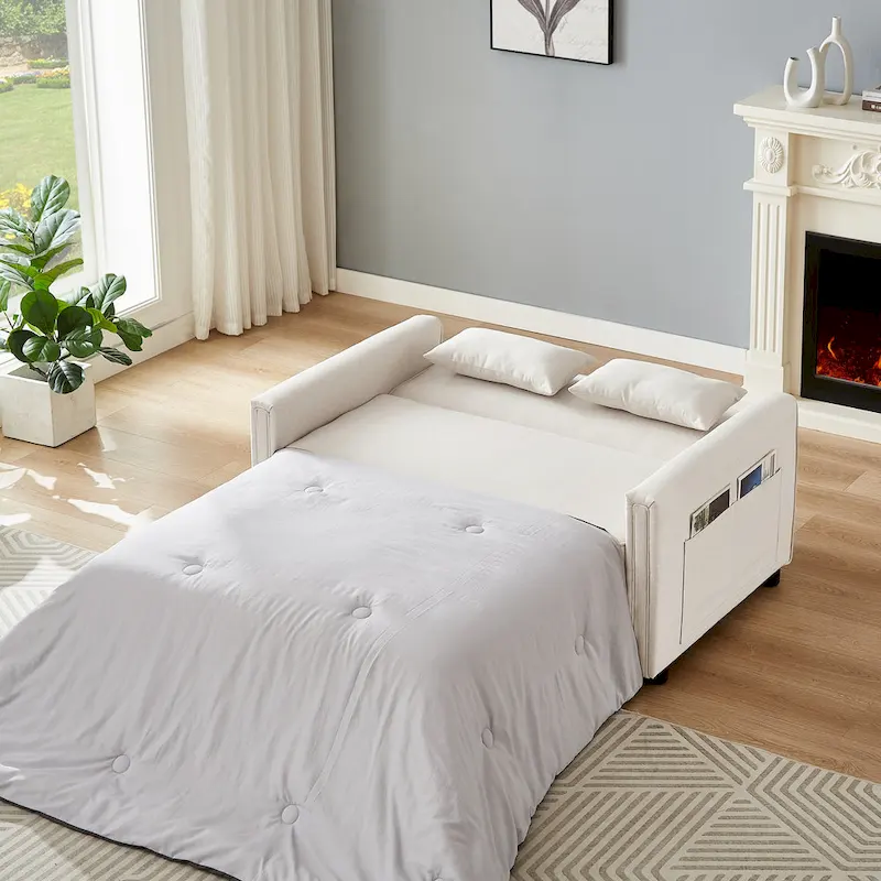 Modern Linen Convertible Loveseat Sleeper Sofa Couch with Adjustable Backrest, Pull-Out Bed and 2 Lumbar Pillows