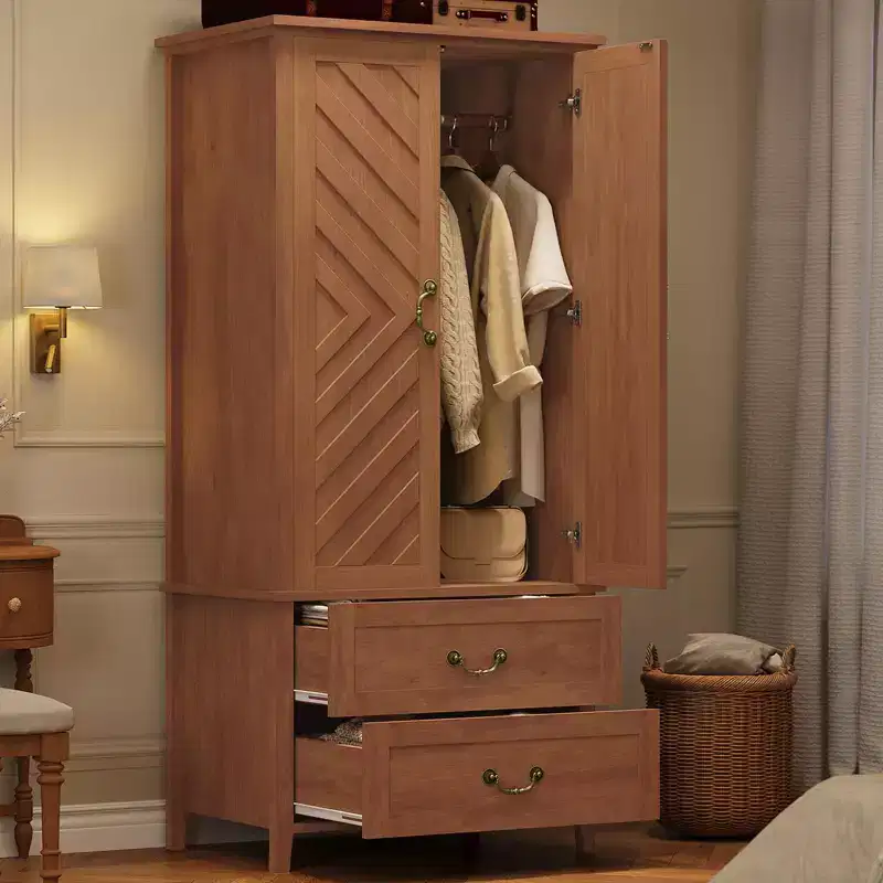 COZONY Farmhouse Wardrobe Armoire Closet with Hanging Rod and Drawers, 71 Freestanding Storage Cabinet, Retro Brown