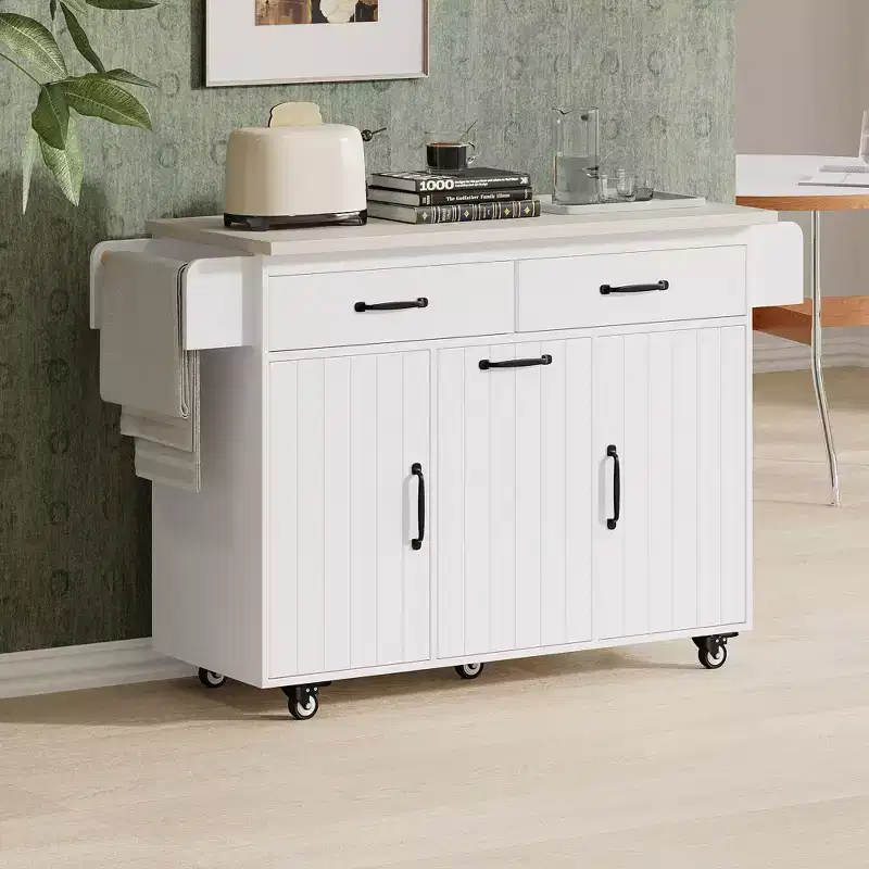 Okak Kitchen Island with Trash Cabinet, Countertop Organizer with Drop Leaf, Spice Rack, Towel Rack and Adjustable Shelf, Kitchen Cart, White