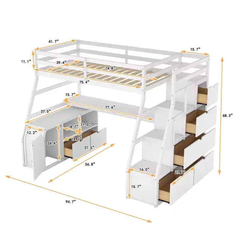 Twin Size Loft Bed with 7 Drawers, 2 Shelves, Cabinet and Desk for Kids and Teens