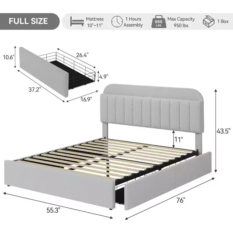 Full Size Platform Bed Frame with Storage Headboard, Bookcase & 2 Drawers, Boucle Upholstered, No Box Spring Needed, Easy Assembly, Light Gray