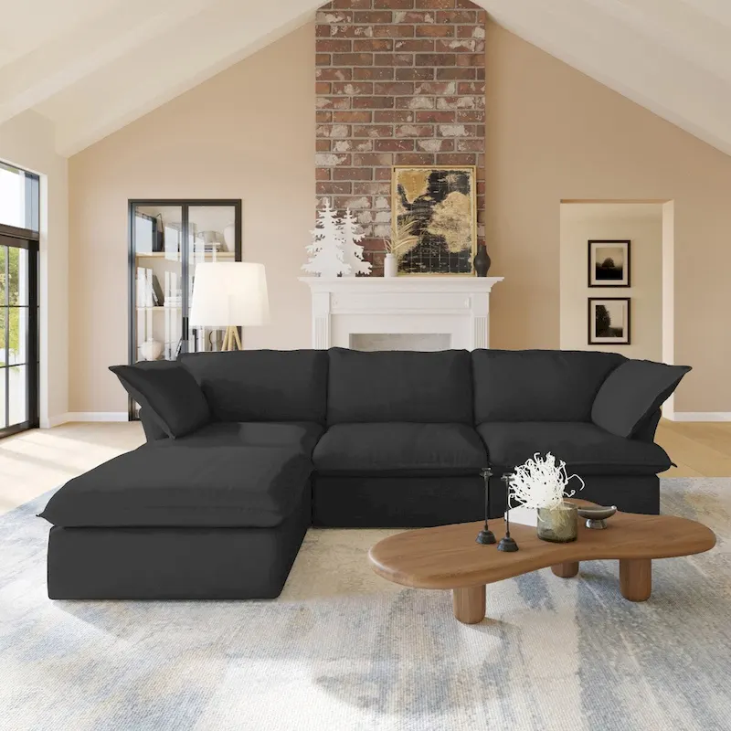 L-shape Linen Multiple Cushions Sofa Upholstered Sectional Sofa with Storage Ottoman