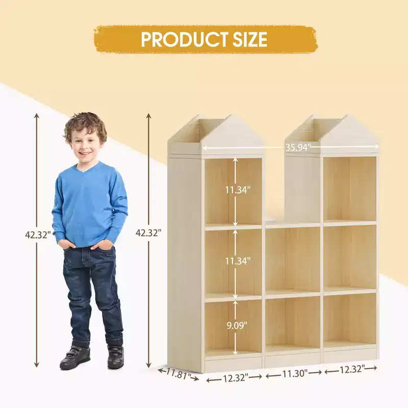 8 Cubby Kids Bookshelf with Castle Shape, Kids Reading Nook w/Toy Storage Organizer, Multiple Storage Display Case for Playroom Children's Room