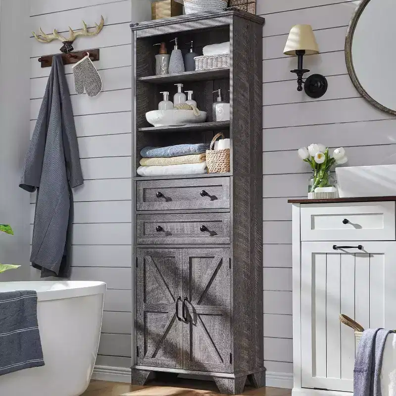 Bathroom Cabinet, 72 Tall Storage Cabinet with 2 Drawers, Adjustable Shelves & Barn Door, Cabinets for Bathroom