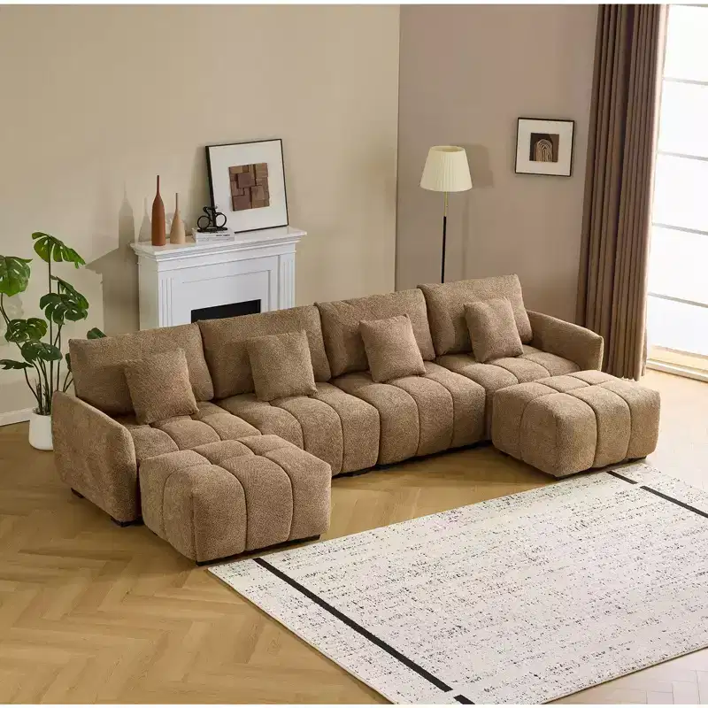 Karl Home |140 in.W Round Arm Boucle L-shaped American Tufed Sofa in Green with Ottoman