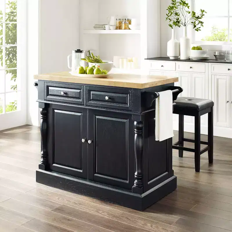 Oxford Kitchen Island with Square Seat Stools Black - Crosley: Pass-Through Storage, Towel Bars